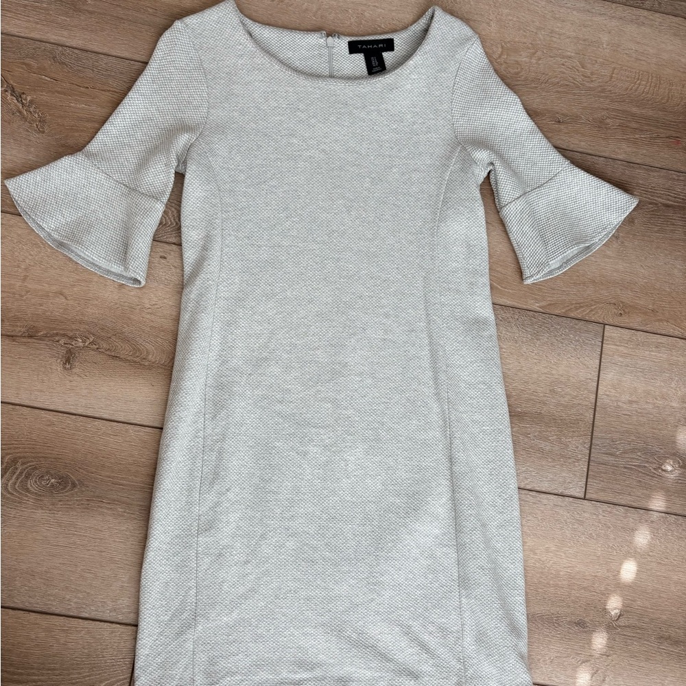 Tahari Light Gray Textured Bell-Sleeve Midi Dress
